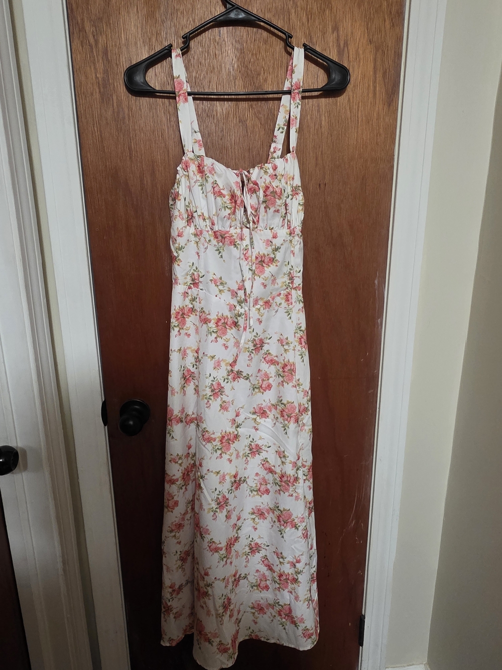 White Floral Midi Dress with Pink & Green Flowers